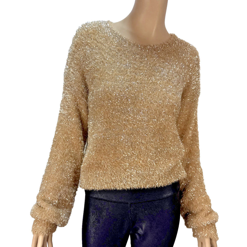 Maeve Anthropologie Tinsel Eyelash Sweater Size M Champagne Balloon Sleeve